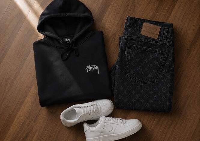 Black Stussy hoodie folded next to dark monogram denim and chunky sneakers on a wooden floor