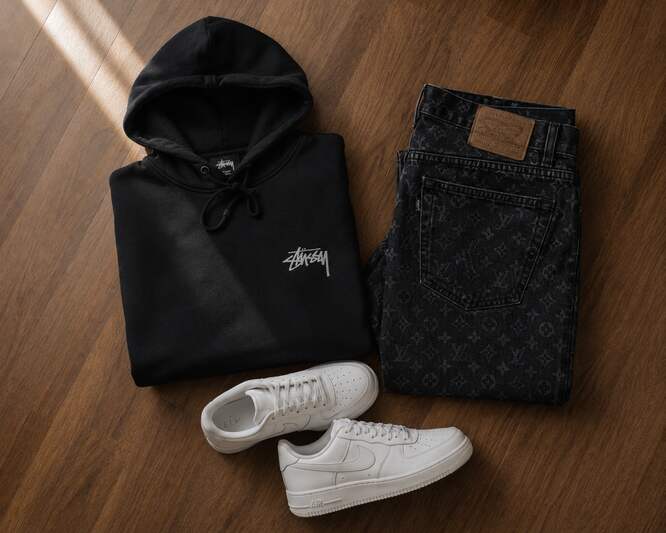 Black Stussy hoodie folded next to dark monogram denim and chunky sneakers on a wooden floor